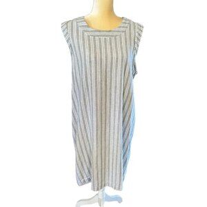 Casa Cabana Linen Shirt Dress Lined Cap Sleeve Blue White Striped Crew Neck szXL